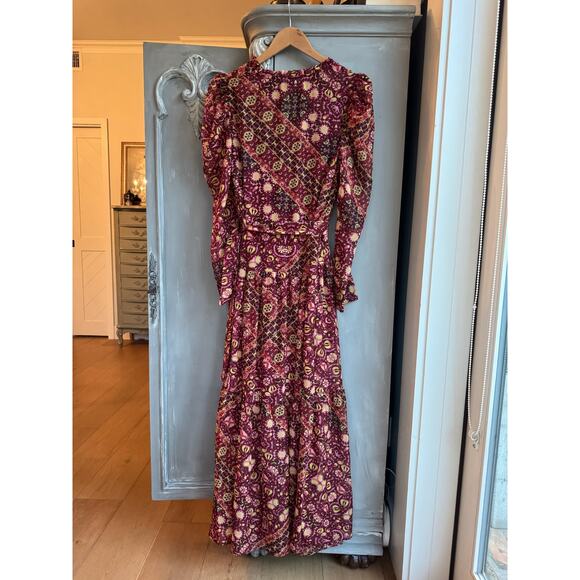 Julia Jordan Maxi Dress Sz 8 Boho Tiered Chiffon Burgundy Floral Long Sleeve - Picture 10 of 16